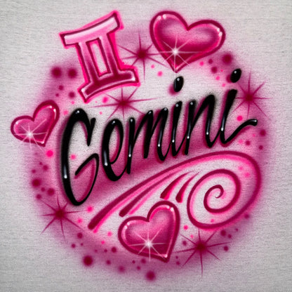 Airbrush T-shirt - Libra or Gemini zodiac symbol with hearts