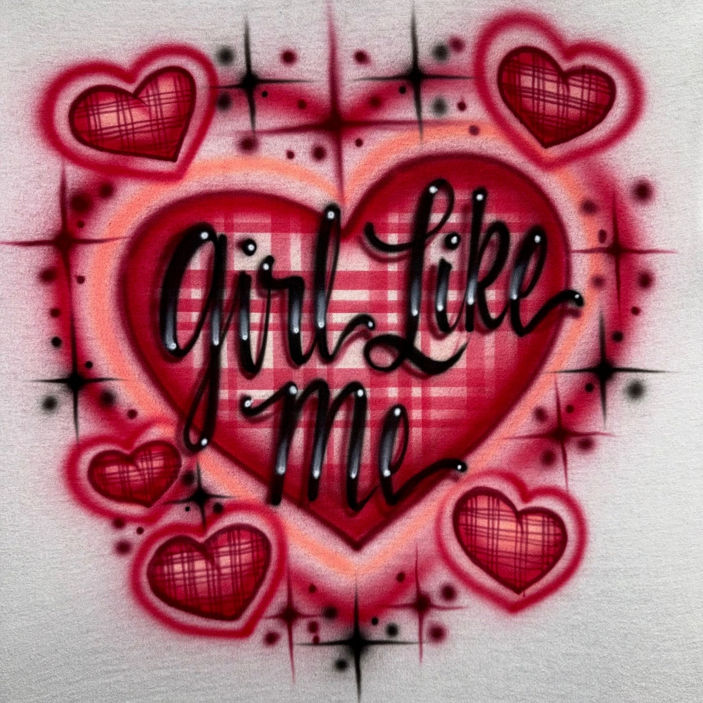 Hand-airbrushed Girl Like Me shirt with plaid heart and sparkle details, fan-inspired custom artwork by Fresh Air Shirts