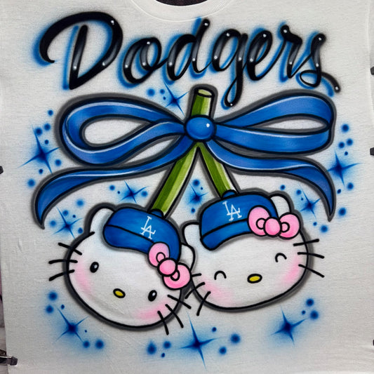 “Dodgers” Airbrushed Tee — Twin Kawaii Cats with Blue Ribbon (Fan-Inspired)