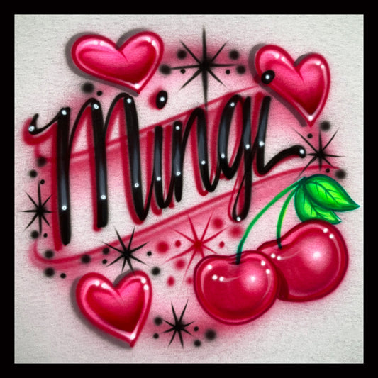 Airbrushed T-shirt - Mingi - Hearts and Cherries Design