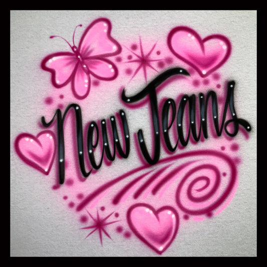 Airbrushed T-shirt - New Jeans - Swirling Butterfly and Hearts Design