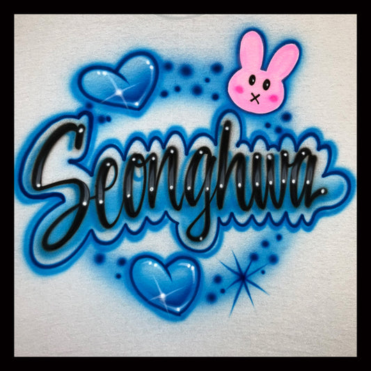Airbrushed T-shirt - Seonghwa - Hearts and starbursts - Pink Bunny head