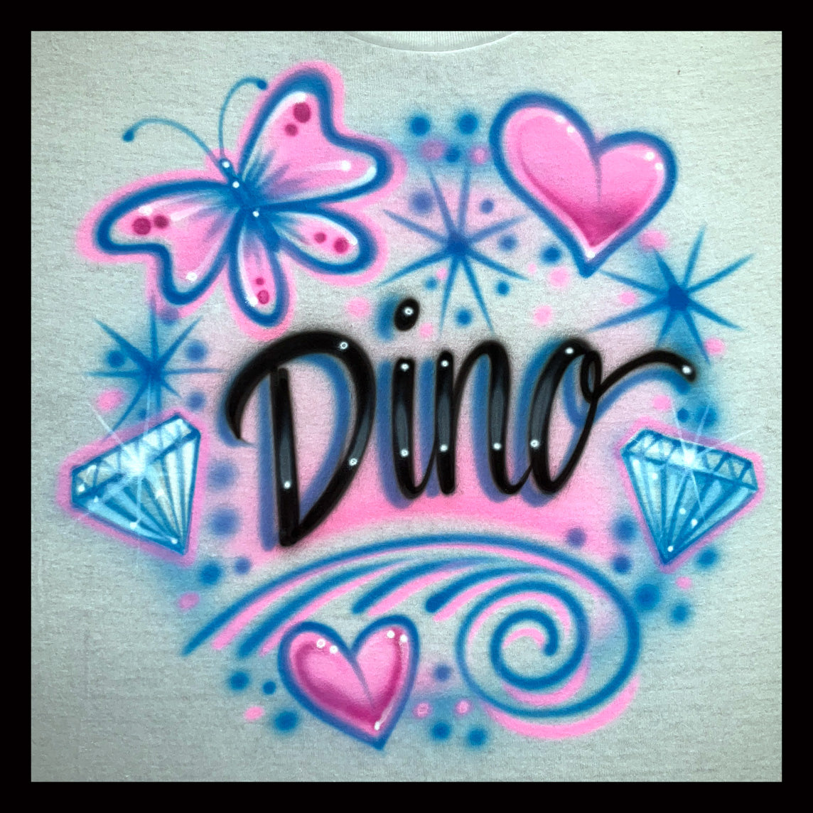 Airbrushed T-shirt - Dino - Butterfly - Diamonds - heart