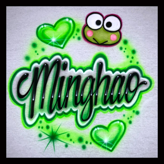 Airbrushed T-shirt - Minghao - Hearts and starbursts - Keroppi head