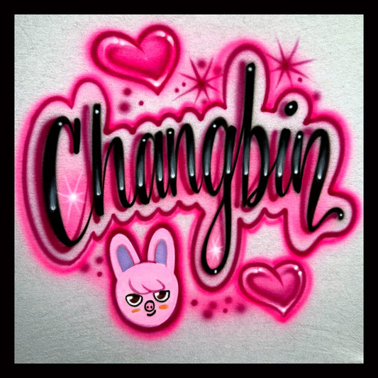 Changbin KPOP airbrushed t-shirt with Dwaekki and hearts