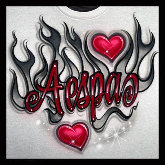 Design with 'Aespas' text and red hearts on a white background