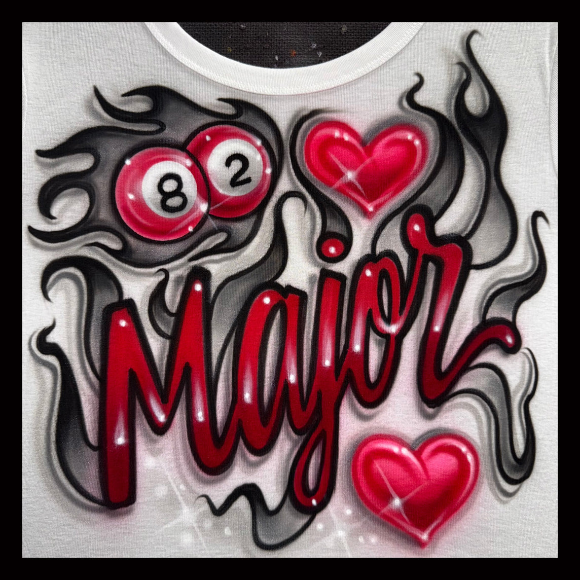 Design with 'Major' text, hearts, and numbers on a textured background