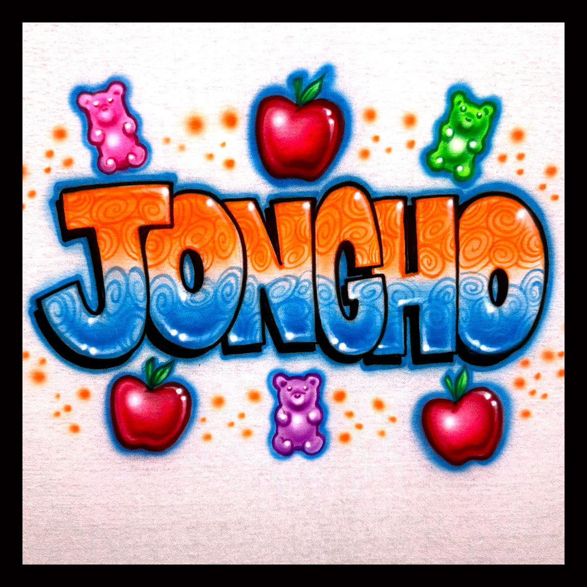 Jongho airbrushed t-shirt with gummi bears and apples and block letters