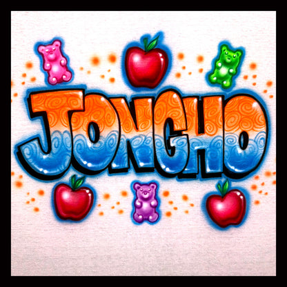 Jongho airbrushed t-shirt with gummi bears and apples and block letters