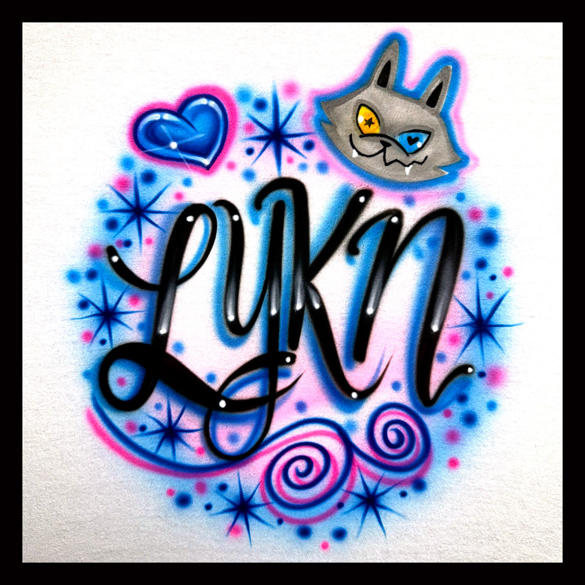 LYKN x LYKYOU T-POP Airbrushed Shirt – Wolf Dog Mascot with Heart & Swirl Design