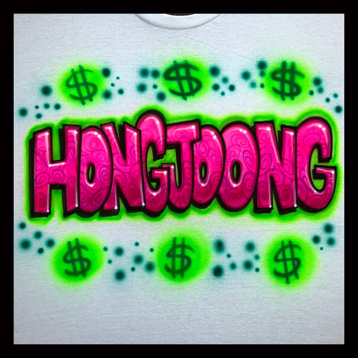 Hongjoong block letters airbrushed t-shirt with dollar signs