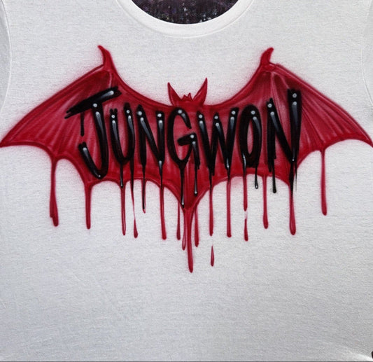 Hand-airbrushed custom blood drip bat wings design featuring glossy black drippy lettering, crimson bat wings, and gothic airbrush styling