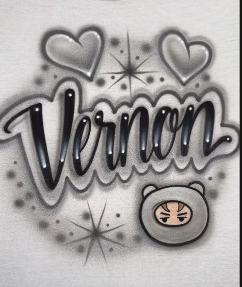 Decorative text with Vernon surrounded by hearts and stars on a light background