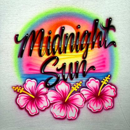 Midnight Sun Airbrushed Tee — Beach Sunset & Hibiscus Flowers