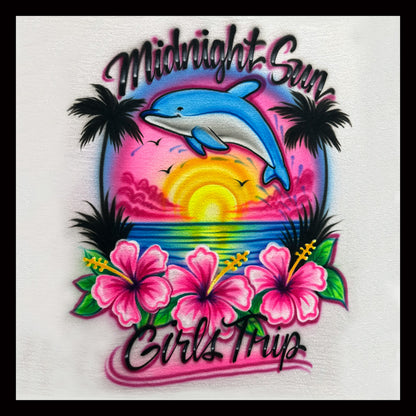 Midnight Sun Girls Trip airbrushed shirt with dolphin, sunset, palm trees and hibiscus flowers in vibrant tropical colors