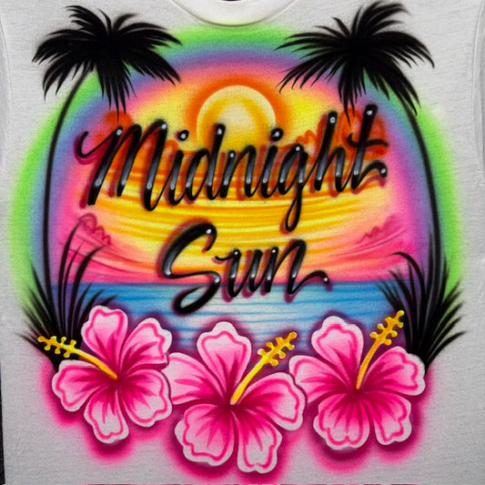 Hand-airbrushed Midnight Sun tropical beach sunset design featuring palm trees, hibiscus flowers, colorful sunset sky and signature starburst accents