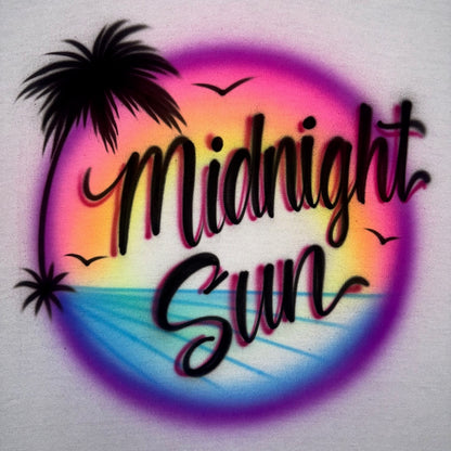 Airbrushed “Midnight Sun” shirt with ocean water, sunset, and palm tree design, fan-inspired handmade artwork capturing endless summer