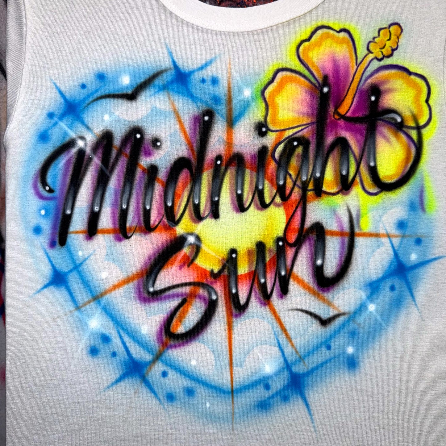 Midnight Sun Airbrushed Heart & Hibiscus Shirt