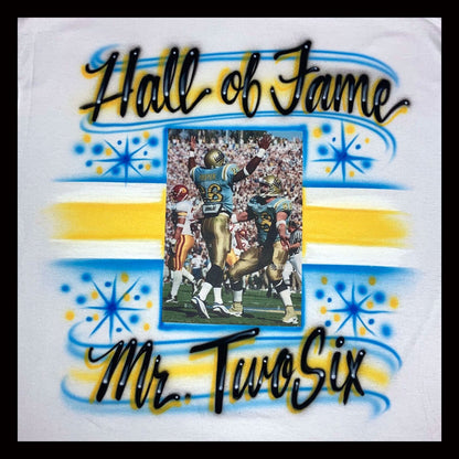 Airbrush T-shirt with photo transfer image of college football player - includes player's name