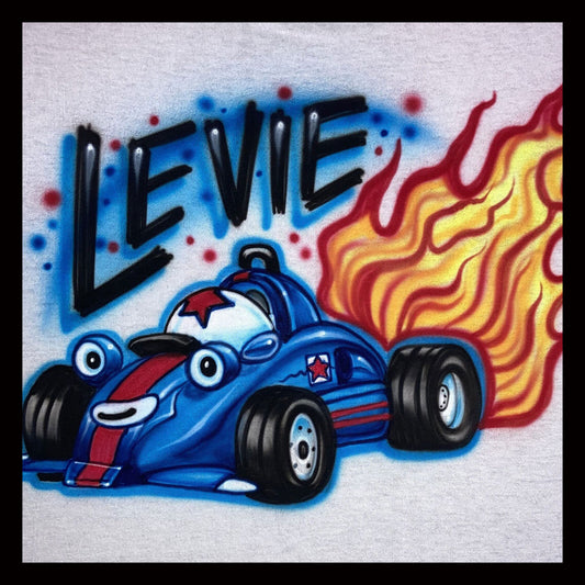 Airbrush T-shirt of a cartoon race car with flames and a name