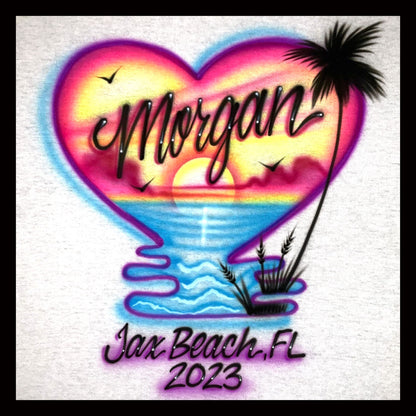 Airbrushed T-shirt - Heart Shaped Beach - Sunset