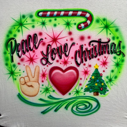 Airbrushed Peace Love Christmas design with peace sign hand, heart, Christmas tree, and candy cane in pink and green holiday colors.