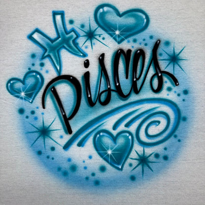 Airbrushed Tee - Pisces zodiac symbol with hearts