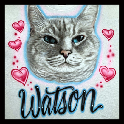 Airbrush T-shirt - Pet Portrait - with Hearts - Cat - You Choose Colors
