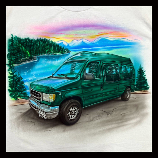 Airbrushed T-shirt - Car Portrait - Lake - Camping