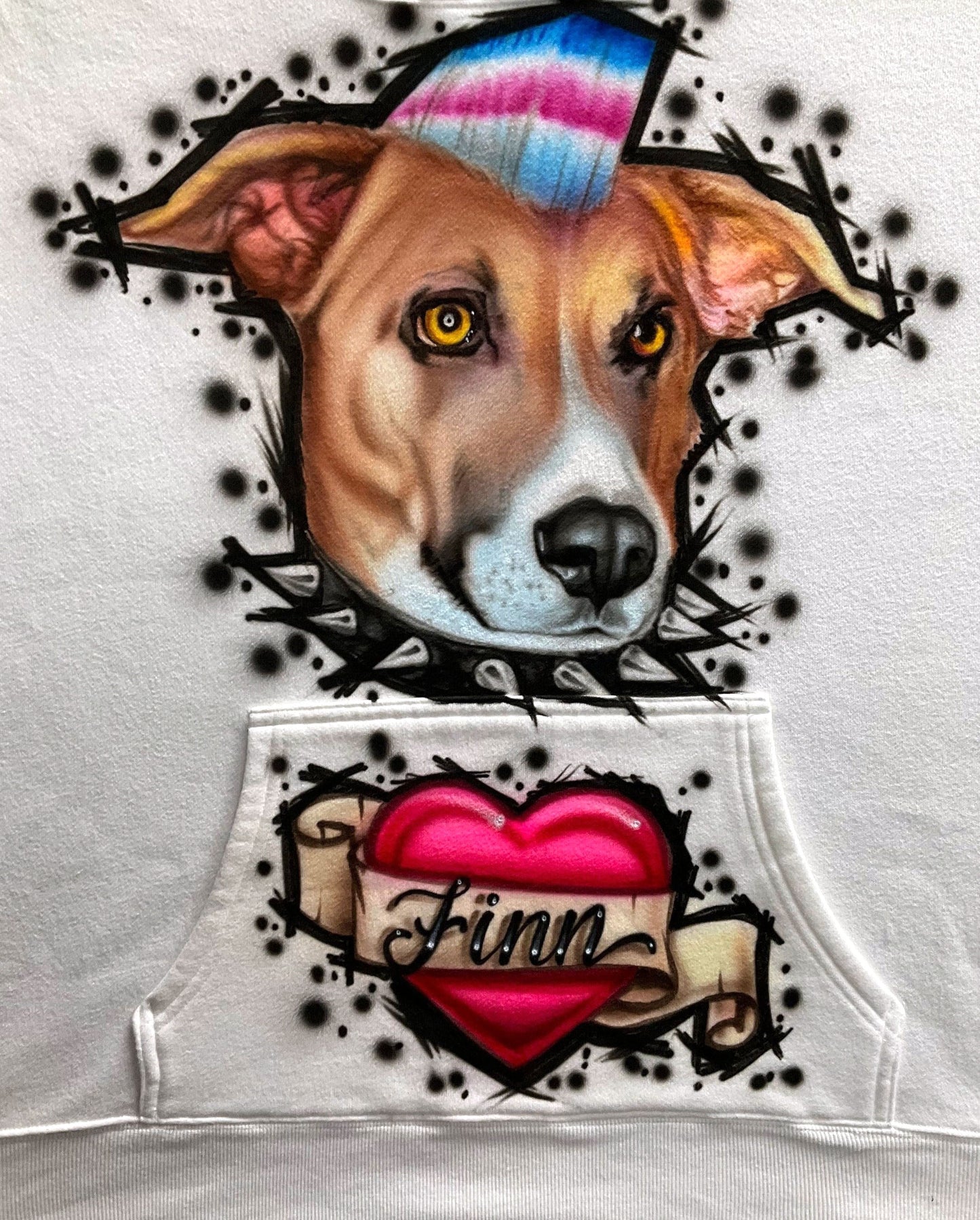 Airbrush T-shirt - Pet Portrait - Punk Dog - Spiked collar - Heart - Ribbon Banner