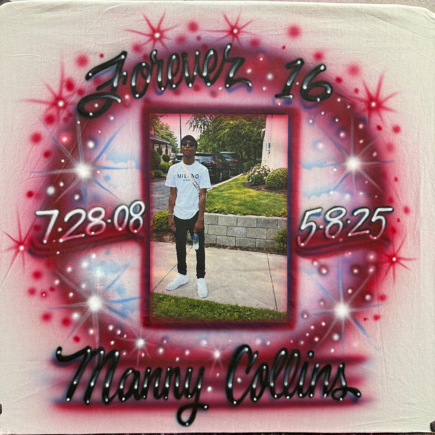 Forever 16 memorial shirt featuring custom photo transfer with hand-airbrushed shading, name, and personalized life dates