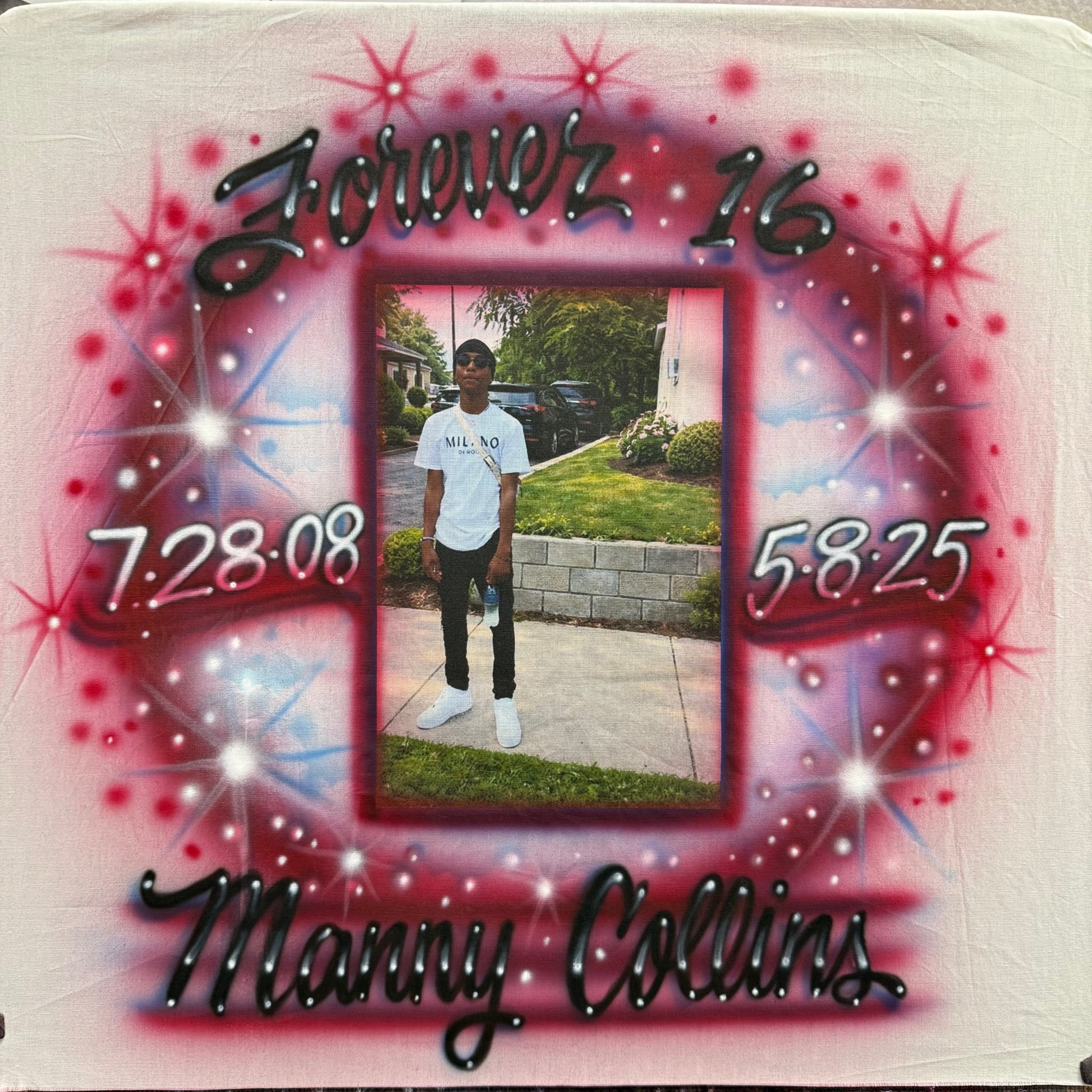 Forever 16 memorial shirt featuring custom photo transfer with hand-airbrushed shading, name, and personalized life dates