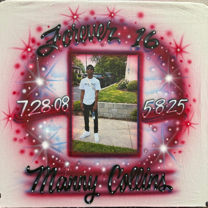 Forever 16 memorial shirt featuring custom photo transfer with hand-airbrushed shading, name, and personalized life dates