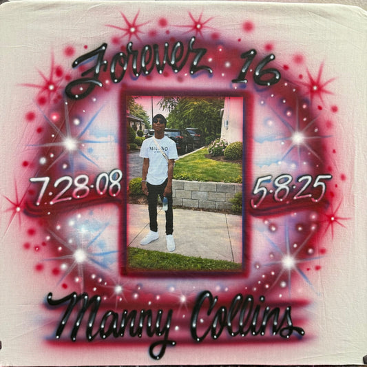 Forever 16 memorial shirt featuring custom photo transfer with hand-airbrushed shading, name, and personalized life dates