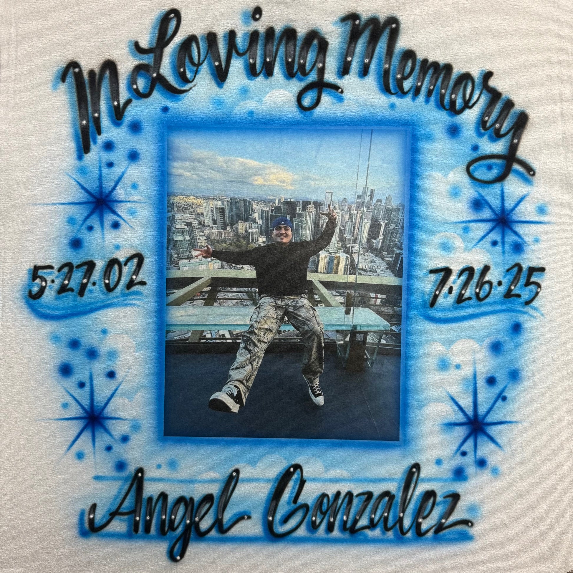 In Loving Memory airbrushed memorial T-shirt featuring custom photo transfer, name, life dates, and hand-painted  decorative details