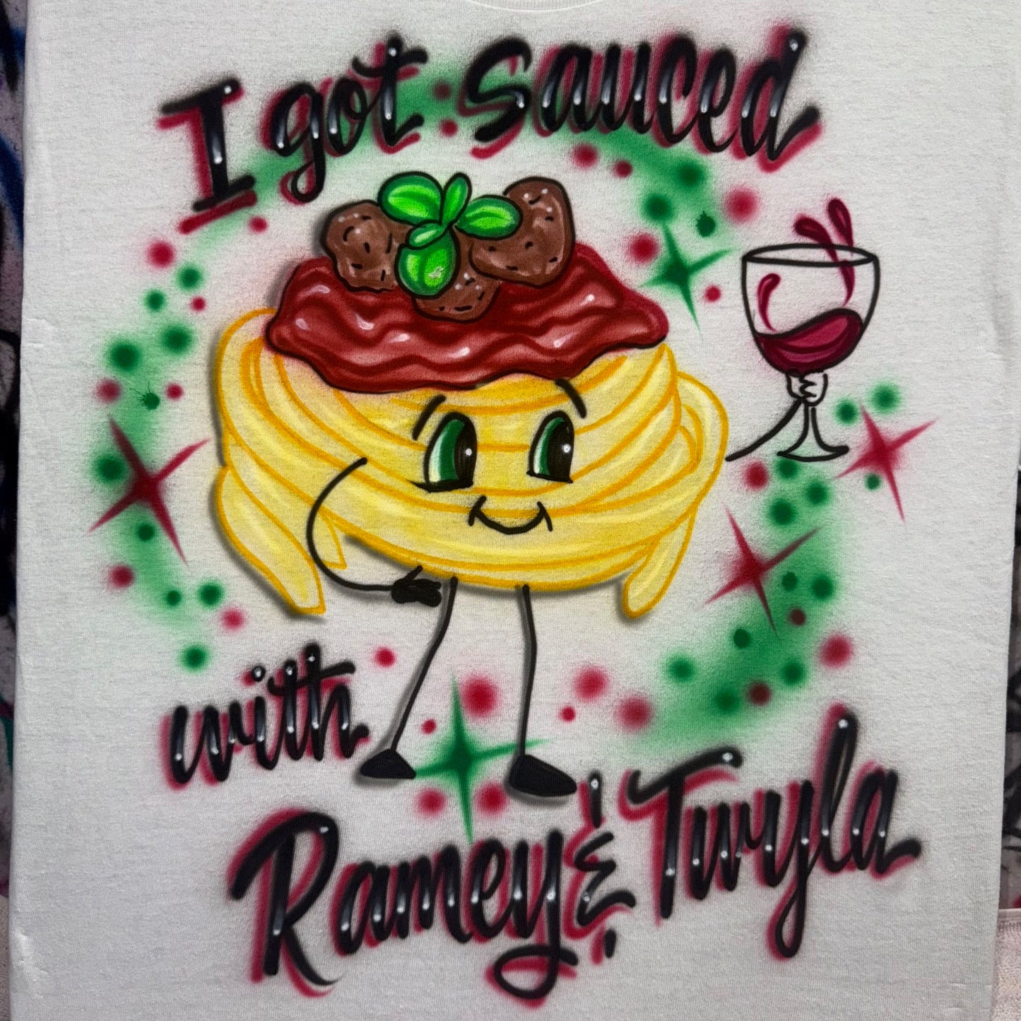 Spaghetti and meatballs and wine airbrushed t-shirt