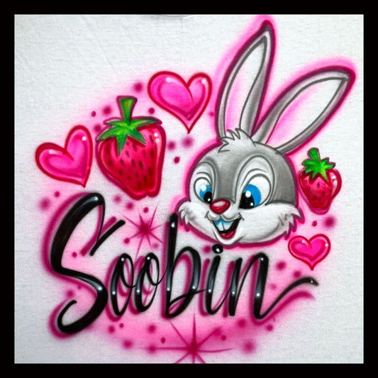 Airbrush T-Shirt - Bunny - Strawberries - Hearts - Your Word