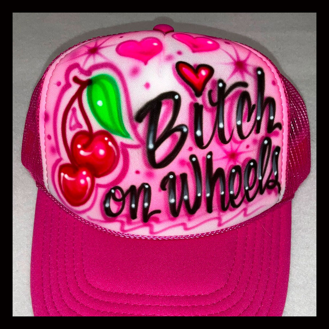 Airbrush Trucker Hat * Cherries * Hearts * Bitch on Wheels *