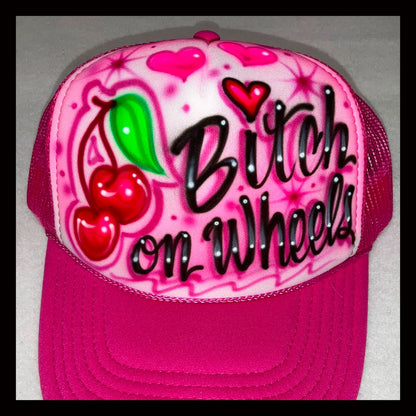 Airbrush Trucker Hat * Cherries * Hearts * Bitch on Wheels *