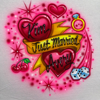 Just Married Airbrush Tee – Hearts, Ring, Cherries & Dice