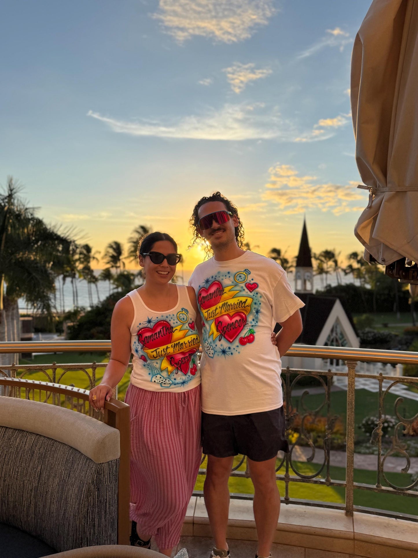 Just Married Airbrush Tee – Hearts, Ring, Cherries & Dice