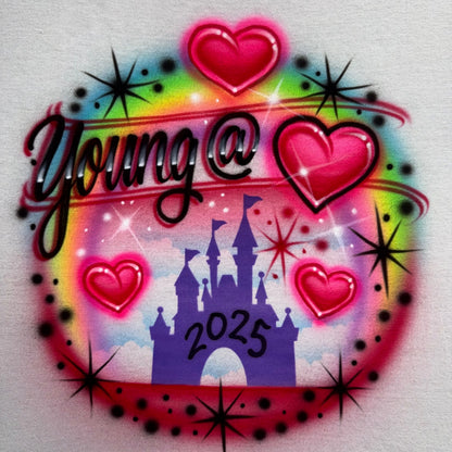 Young @ ❤️ Rainbow Airbrushed T-Shirt with Castle Silhouette & Hearts