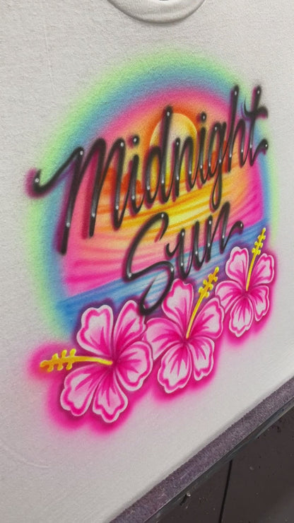 Midnight Sun Airbrushed Tee — Beach Sunset & Hibiscus Flowers