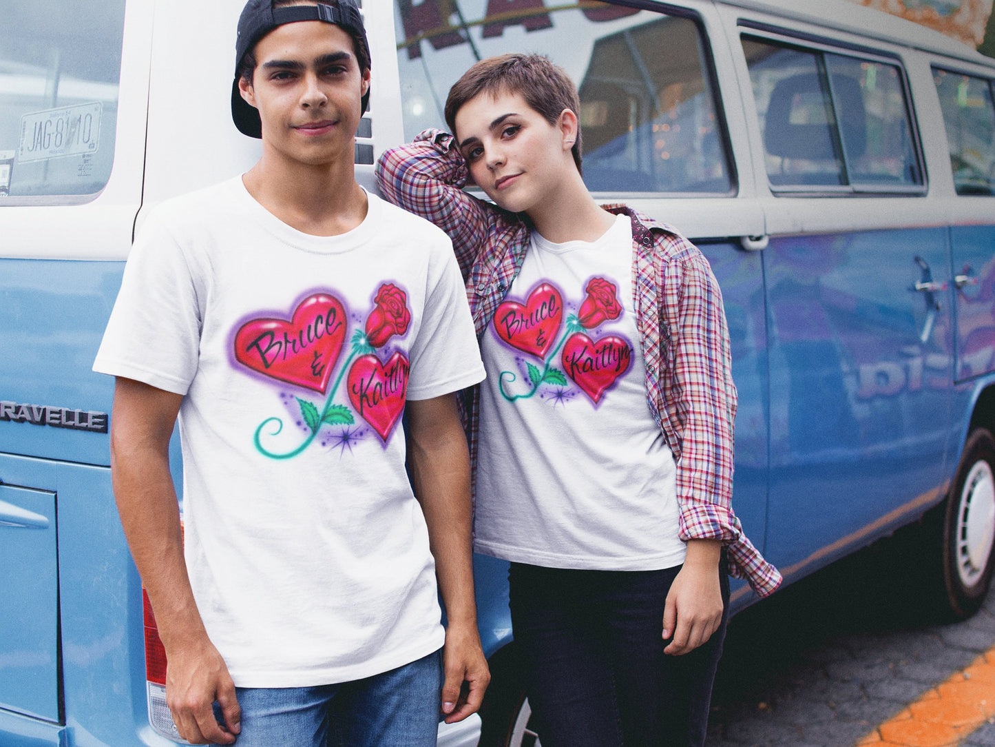 Airbrush T-shirt * Hearts with Rose * Couples Design