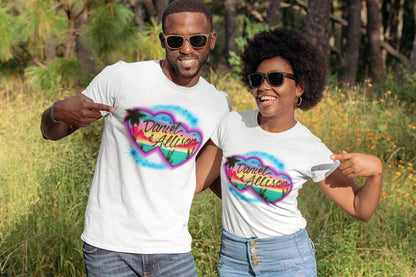 Airbrush T-shirt - Couples Heart Beach Design - 2 Names