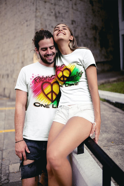 Airbrushed T-shirt - Couples One Love Design - 2 Names