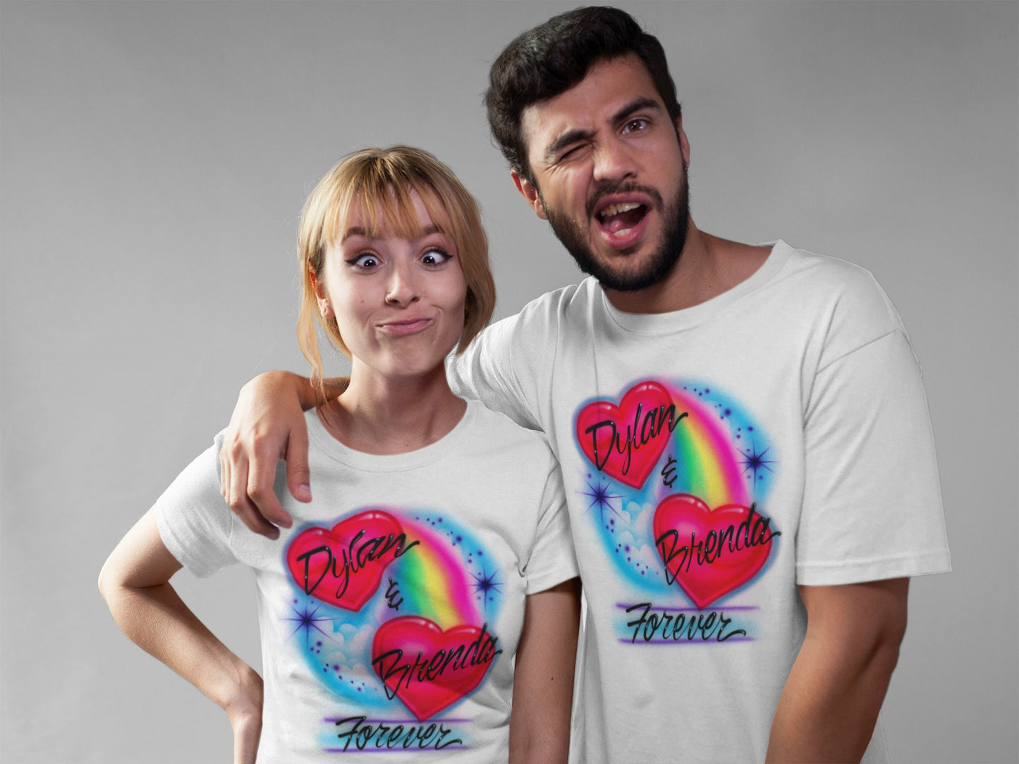 Airbrush T-shirt - Couples Heart Design - Rainbow - 2 Names & Forever