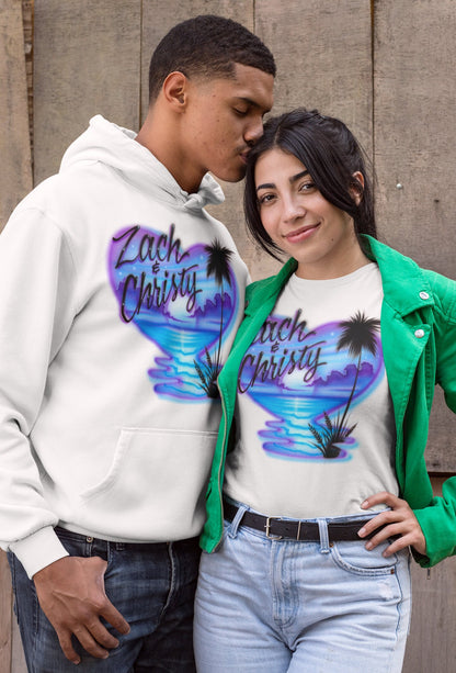 Airbrush T-shirt - Heart with Water Overflowing - Couples Beach Design