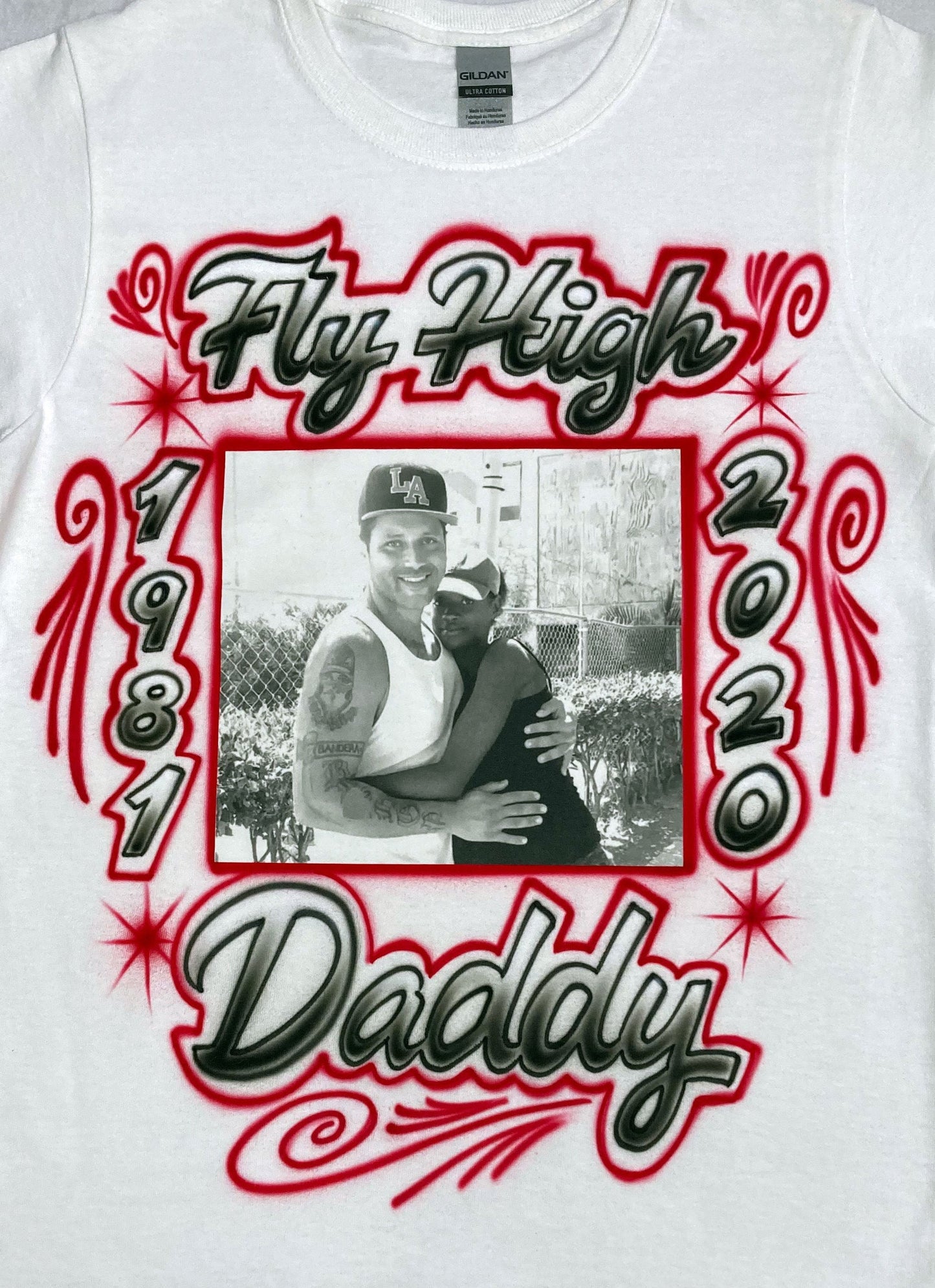 Airbrush & Photo transfer T-shirt - Fly High Daddy - RIP - Personalized - Customized - Grief - Mourning