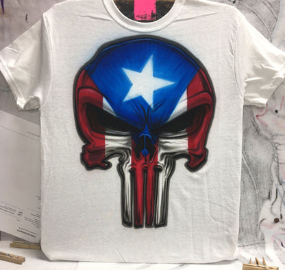 Airbrush T-shirt - Puerto Rico Skull - Flag - Personalized - Gift - Name
